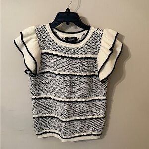 fab'rik Cream and Black Textured Ruffle Sleeve Top